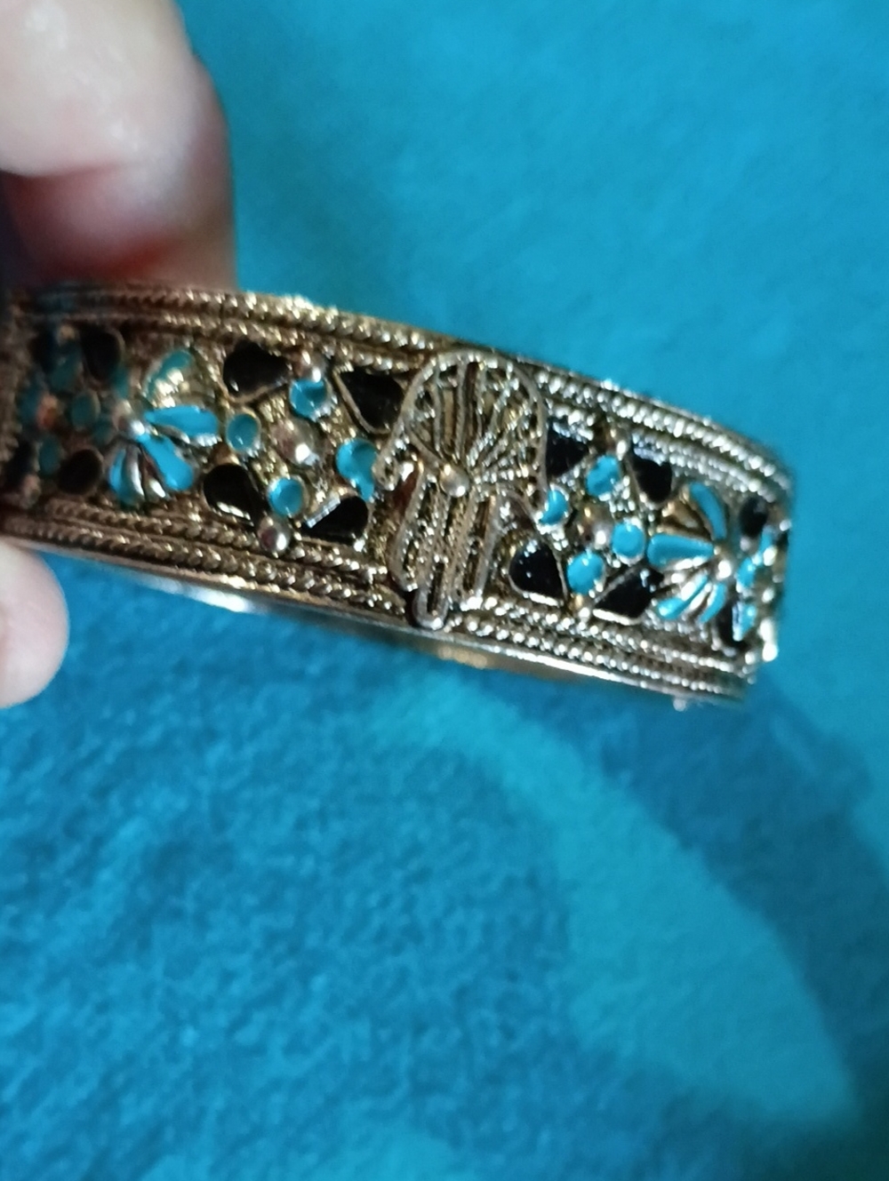 Boho Gypsy Sisters Gold Filigree Bracelet with Turquoise and Black Accents.